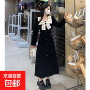 秋冬胖mm高腰蝴蝶結方領(lǐng)長(cháng)袖連衣裙女韓版時(shí)尚a字長(cháng)裙子 #336黑色 L
