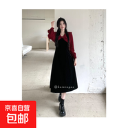 大碼胖mm秋冬赫本風(fēng)高腰新年新春紅連衣裙淑女顯瘦遮肚子小個(gè)子裙 圖片色 S