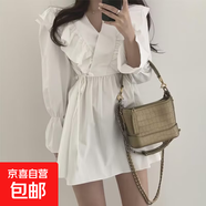 早秋復古V領(lǐng)交叉荷葉邊系帶收腰喇叭袖短款小個(gè)子連衣裙女HSYP990 白色 L