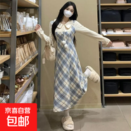 原版面料】復古毛呢格紋長(cháng)袖連衣裙冬季氣質(zhì)收腰假兩件娃娃領(lǐng)長(cháng)裙 藍色 S