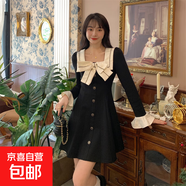 春秋胖mm高腰蝴蝶結方領(lǐng)長(cháng)袖連衣裙女韓版時(shí)尚a字長(cháng)裙子禮服短裙 #335短款 M