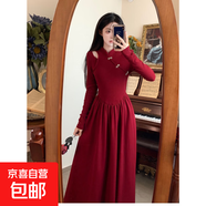 冬裝2025大碼胖mm鏤空長(cháng)袖連衣裙女法式高級赫本風(fēng)紅色收腰長(cháng)裙子 紅色 M