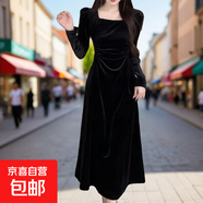 2025秋冬款高級感金絲絨方領(lǐng)連衣裙女新款氣質(zhì)修身顯瘦長(cháng)袖包臀裙 黑色 S