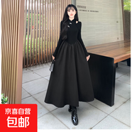 冬裝2025大碼胖mm鏤空長(cháng)袖連衣裙女法式高級赫本風(fēng)紅色收腰長(cháng)裙子 黑色 2XL