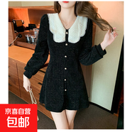 2025新年新春紅法式小香風(fēng)翻領(lǐng)顯瘦連衣裙收腰百搭金絲絨撞色短裙 黑色 XL