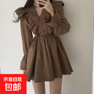 早秋復古V領(lǐng)交叉荷葉邊系帶收腰喇叭袖短款小個(gè)子連衣裙女HSYP990 咖啡色 S