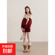 紅色圣誕穿搭一字肩蝴蝶結包臀長(cháng)袖針織連衣裙女冬露肩短裙子 紅色【無(wú)刺繡】 均碼