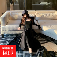 純欲風(fēng)拼接方領(lǐng)長(cháng)袖連衣裙2025秋新款高腰大擺裙氣質(zhì)長(cháng)裙D4203LYT 黑色 L