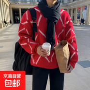 圣誕節紅色毛衣情侶冬季加厚馬海毛絨高級感vintage針織衫外套男 JDYN-B096 紅色 M