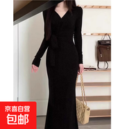 綁帶交叉v領(lǐng)針織連衣裙秋冬修身收腰魚(yú)尾裙純欲包臀長(cháng)裙D4159LYT 黑色 L