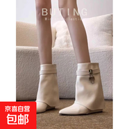 歐美復古大筒圍尖頭高跟金屬鎖坡跟褲管靴大碼套筒走秀高筒靴批發(fā) 白色 38
