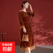 輕奢純色長(cháng)袖桑蠶絲拼接中長(cháng)裙秋冬收腰顯瘦真絲絲絨連衣裙女8382 焦糖色 L (115-125斤)