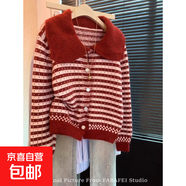 miu風(fēng)愛(ài)心波點(diǎn)娃娃領(lǐng)毛衣女2025秋冬針織開(kāi)衫顯白南瓜色外套M10 紅色 2XL