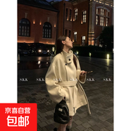 2025新款赫本風(fēng)立領(lǐng)灰色毛呢外套女秋冬季獨特高級感短款收腰大衣 杏色 S