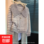 miu風(fēng)愛(ài)心波點(diǎn)娃娃領(lǐng)毛衣女2025秋冬針織開(kāi)衫顯白南瓜色外套M10 灰色 M