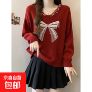 紅色蝴蝶結V領(lǐng)毛衣女春秋大碼胖mm超好看漂亮上衣釘珠針織衫E6 紅色 L