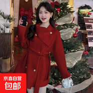 黑色赫本風(fēng)短款毛呢斗篷大衣女秋冬季加厚2025新款高級感呢子外套 紅色 M