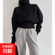 秋冬外穿套頭加厚慵懶風(fēng)毛衣女收腰顯瘦蝙蝠型長(cháng)袖洋氣短款針織衫 5442黑色 XL  【建議121斤-135斤】