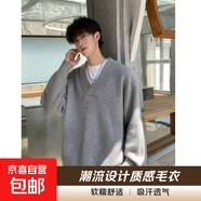 日系寬松軟糯糯毛衣男春秋外穿韓系復古慵懶風(fēng)套頭V領(lǐng)針織衫上衣 BX053灰色 L
