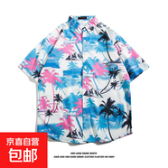 夏威夷冰絲寸衫男士潮牌短袖襯衫男夏季沙灘花襯衣情侶裝寬松外套 5154 M
