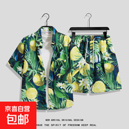 港風(fēng)復古短袖花襯衫男夏威夷泰國三亞海邊度假情侶短褲沙灘服套裝 南南T3684 XL