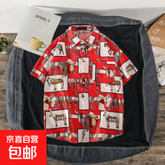 夏季短袖襯衣男ins復古搞怪人頭個(gè)性印花潮牌韓版寬松襯衫潮上衣 紅色【度1138-小馬】短袖襯衫 M