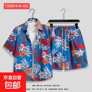 夏威夷花襯衫沙灘套裝夏薄款三亞旅游男女情侶大碼寬松休閑五分褲 T3689 3XL