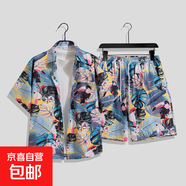 港風(fēng)復古短袖花襯衫男夏威夷泰國三亞海邊度假情侶短褲沙灘服套裝 南T3690 XL