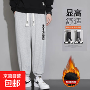 褲子男士2025秋冬季寬松束腳運動(dòng)潮流百搭男生系帶休閑褲男款長(cháng)褲 淺灰色 加絨 K918 XL