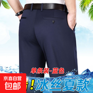 【舒適抗皺】男士西褲彈力中老年休閑高腰深襠寬松直筒爸爸裝褲子 彈力夏季薄款（寶藍） 35 【腰圍2尺8】