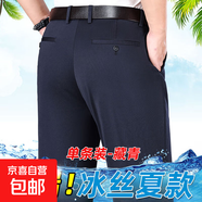 【舒適抗皺】男士西褲彈力中老年休閑高腰深襠寬松直筒爸爸裝褲子 彈力夏季薄款（藏青） 34 【腰圍2尺7】