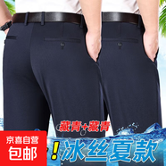 【舒適抗皺】男士西褲彈力中老年休閑高腰深襠寬松直筒爸爸裝褲子 彈力夏季薄款（藏青+藏青） 33 【腰圍2尺6】