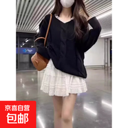 韓系慵懶風(fēng)麻花毛衣女秋冬季穿搭蕾絲花邊V領(lǐng)長(cháng)袖針織衫上衣E20 黑色 2XL