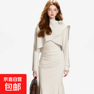 2025秋冬新款法式千金不規則披肩長(cháng)款連衣裙套裝兩件套D4141LYT 米白色 S     【100斤以下】