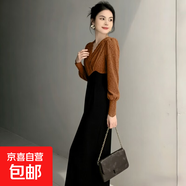 有里布秋冬氣質(zhì)名媛輕熟假兩件V領(lǐng)蕾絲拼接包臀連衣裙女QJ0269LYT 棕色+黑色 S 【100斤以下】