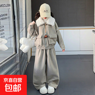 女童冬裝毛領(lǐng)呢子套裝兒童加厚夾克闊腿褲兩件套女孩時(shí)尚保暖套裝 卡其色套裝 150 cm