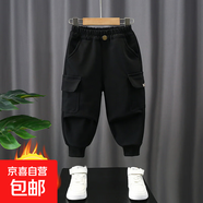 京東快遞加絨工裝褲秋冬中小童休閑男童褲子加厚韓版一體絨束腳褲 黑色 110 cm