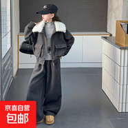 女童冬裝毛領(lǐng)呢子套裝兒童加厚夾克闊腿褲兩件套女孩時(shí)尚保暖套裝 深灰色套裝 120 cm