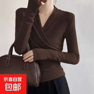 【莫代爾】法式設計感小眾v領(lǐng)交叉不規則上衣女秋冬穿搭收腰 咖啡色 XL ((建議125-140斤)