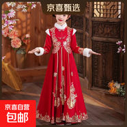 漢服女童秋冬連衣裙過(guò)年新年漢服冬季加厚2026新款冬季女童拜年服 紅色 加絨 單件裙子 130