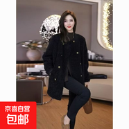 歐貨加厚羊羔絨短外套女秋冬新款復古休閑純色寬松雙排扣保暖大衣 黑色 XL 建議120-135斤