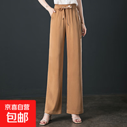 【哥弟制造商】銅氨絲闊腿褲女夏薄款松緊高腰垂感直筒休閑拖地褲 茶咖色 M