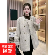 歐貨加厚羊羔絨短外套女秋冬新款復古休閑純色寬松雙排扣保暖大衣 杏色 5XL 建議195-220斤