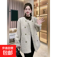 歐貨加厚羊羔絨短外套女秋冬新款復古休閑純色寬松雙排扣保暖大衣 黑色 5XL 建議195-220斤