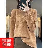 秋冬新款圓領(lǐng)針織衫女鏤空鉤花正肩毛衣韓版寬松針織打底衫E60 金駝色 M