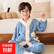 男童睡衣套裝加絨加厚法蘭絨寶寶兒童家居服親子睡衣 牛仔藍 170 XXL碼適合身高165-168cm(125斤內)