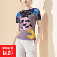 高端女裝春夏裝上衣套頭小衫印花修身顯瘦打底衫時(shí)尚三宅短袖T恤 灰色3 均碼
