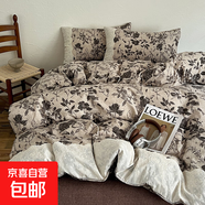 法式復古風(fēng)棉麻四件套全棉色織提花鏤空花邊被套1.8m床單床上用品 茶野 床單款 1.5m四件套