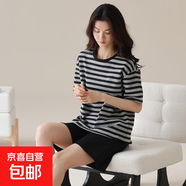 純棉睡衣女夏短袖套裝韓版可愛(ài)夏短褲卡通休閑季家居服2025年新款 黑灰條紋 2XL 【140-160斤】