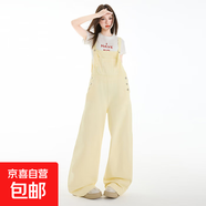 美式街牛仔背帶褲女夏季2025新款寬松復古腰直筒小個(gè)子闊腿褲 奶黃色背帶褲 703 S